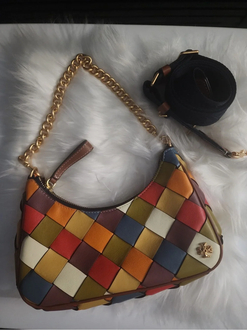 Multicolor Woven Leather Shoulder Bag with Gold Chain